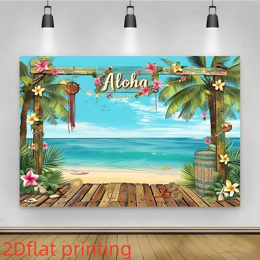 2D Flat Aloha Hawaii Beach Decorative Backdrop 1 Pack Polyester Material Tropical Palm Flower Seaside Party Banner Summer Beach Themed Photo Hanging Cloth Luau Party Atmosphere Curtain Reusable Waterproof Decorative Supplies