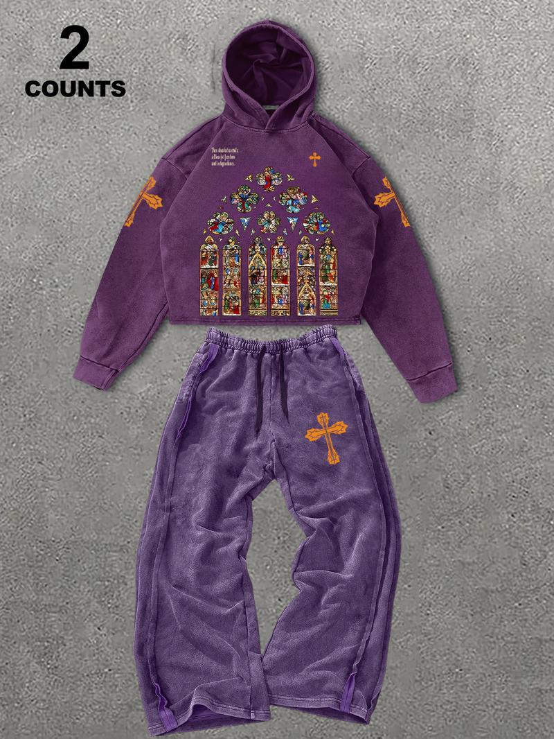 Men's Retro Graphic Hooded Sweatshirt Set, Long Sleeve Fitted Hoodie, Comfortable Casual Wear, Spring & Fall Fashion