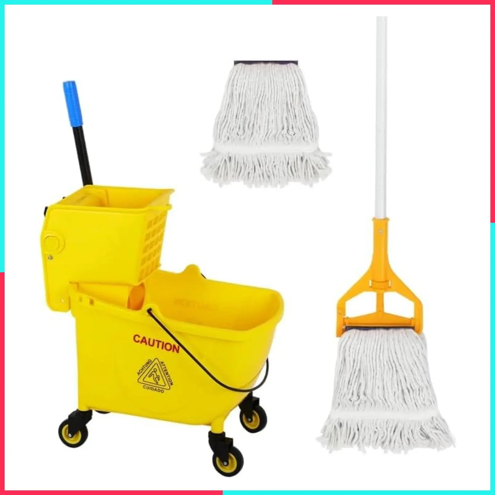 Heavy-Duty 35Qt Commercial Mop Bucket with Efficient Drainage System - Bright Yellow, Includes Professional-Grade Mop & Extra Mop Cloth, Ideal for Restaurants, Hotels, Schools & Office Cleaning