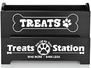 Dog Treat Container Dog Food Storage Container for Countertop, Cat Food Storage Container with 3 Plastic Dog Treat Jar, Dog Food Storage Container for Dog and Cat, Black Wooden Dog Food Container