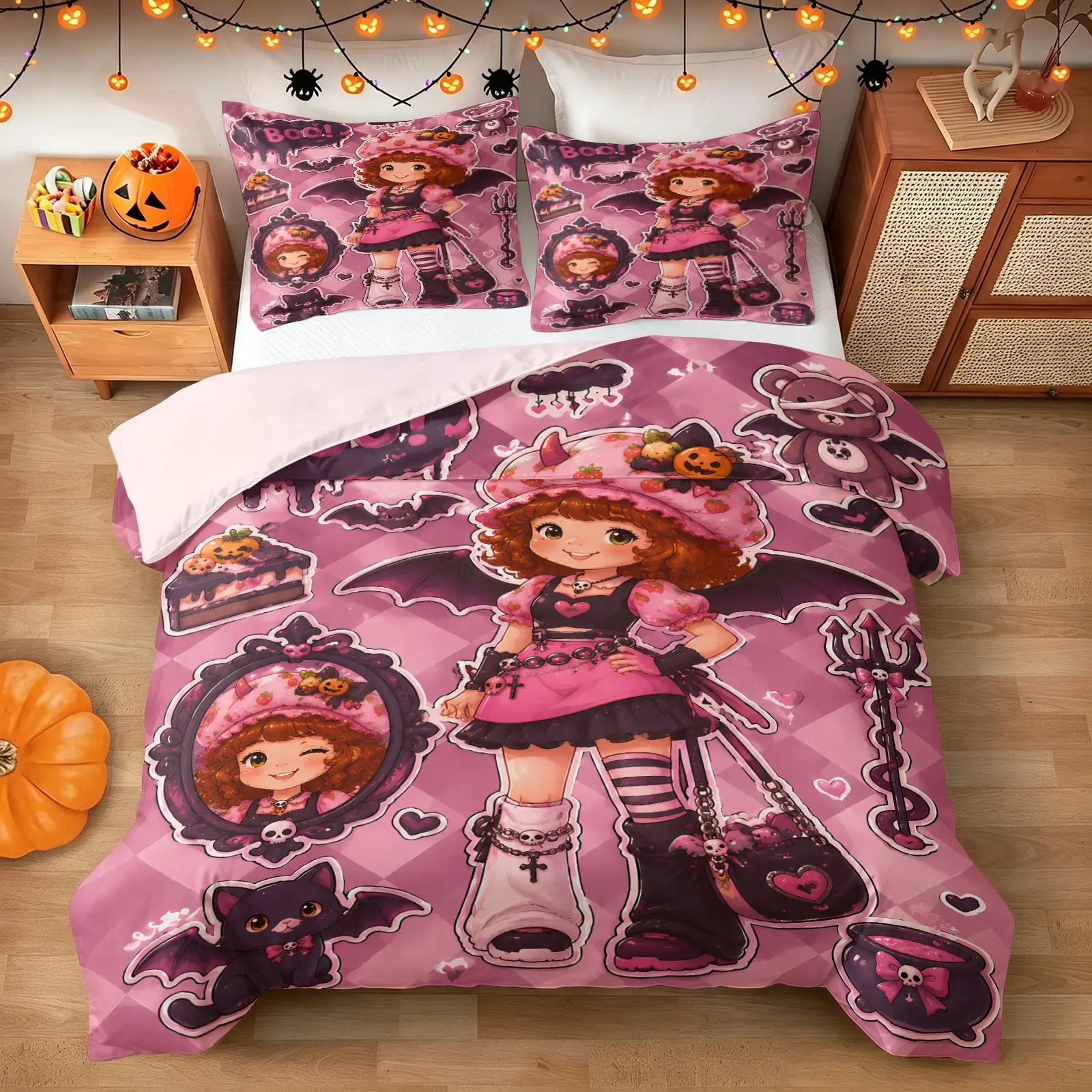 Cute Gothic Bat Strawberry Witch Halloween Bedding Set(1 Duvet Cover + 1-2 Pillowcases), Wrinkle Resistant Machine Washable Microfiber, Halloween Element HD Digital Print Duvet Cover, Perfect Holiday Gift for Girls Bedroom Decoration