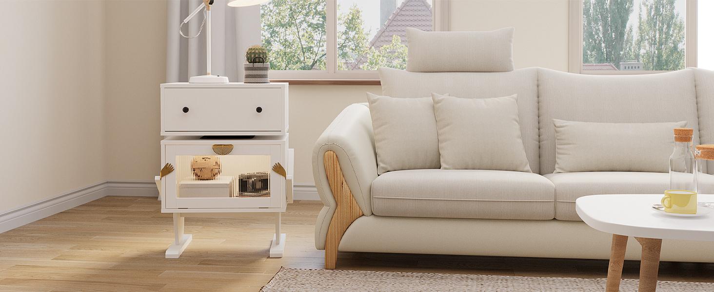 RoyalCraft Robot Nightstand with LED Light Strips, End Table with 360 Degree Rotating Drawer, Modern Design Bedside Table with Glass Door Storage, Wood Cabinet for Bedroom, Home Office Furniture Organize