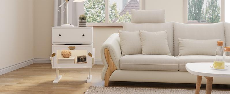 RoyalCraft Robot Nightstand with LED Light Strips, End Table with 360 Degree Rotating Drawer, Modern Design Bedside Table with Glass Door Storage, Wood Cabinet for Bedroom, Home Office Furniture Organize