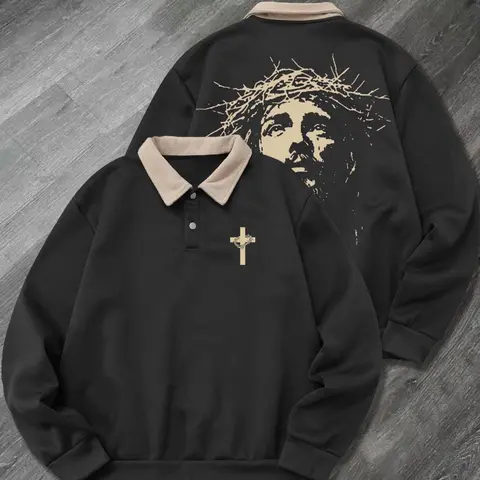Men's Fall Winter Cross Jesus Graphic Print Half Button Polo Neck Hoodie, Casual Outdoor Fitted Long Sleeve Sweatshirt, Casual Sweatshirts