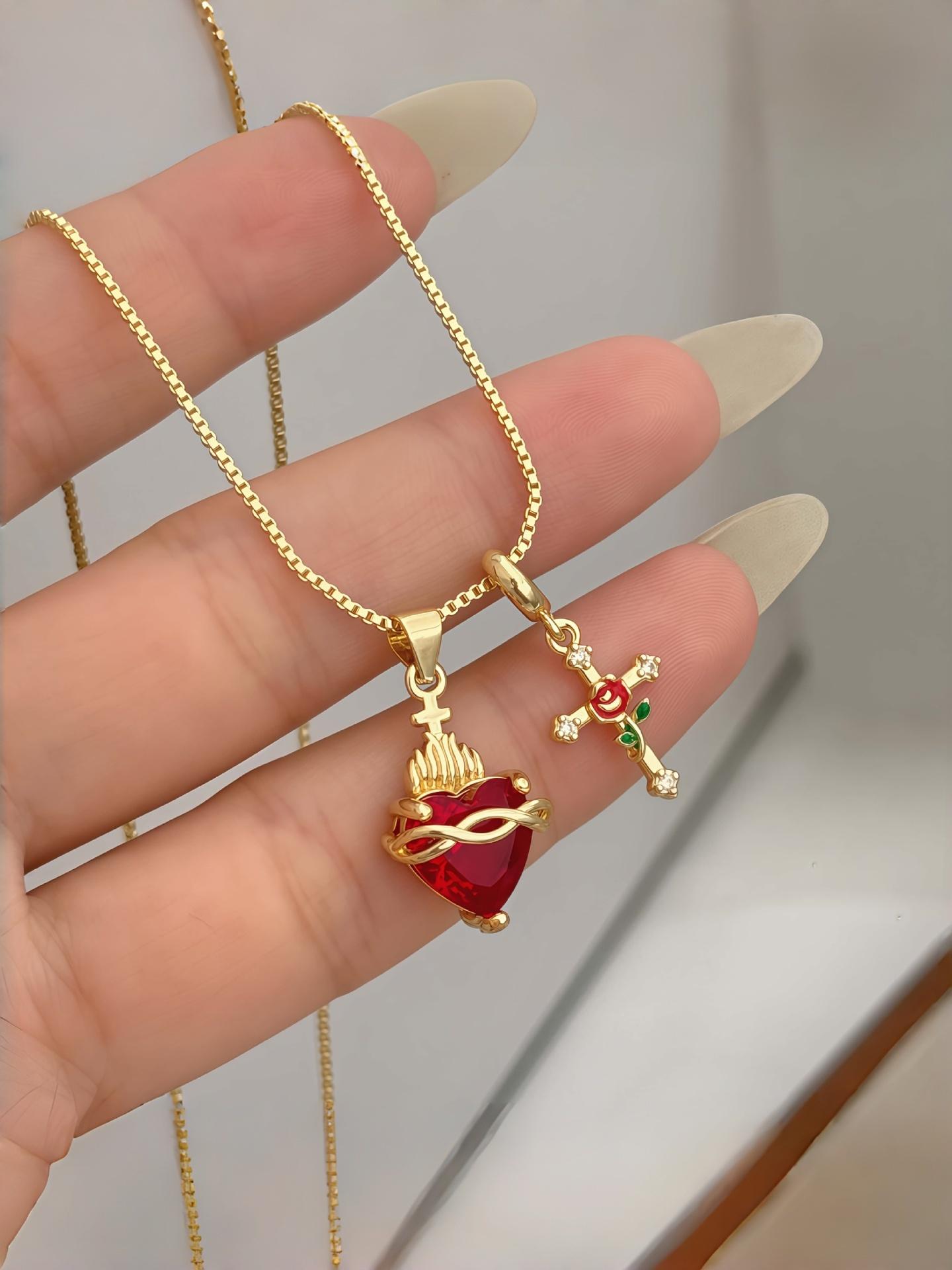 Sacred Heart/rose Cross Pendant Necklace, Women's Fashion Casual Jewelry, Ideal for Daily Wear, Perfect Valentine's Day Gift