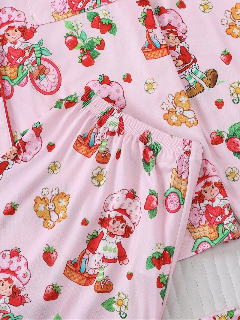 Women's Strawberry Pattern Sleepwear Set, Long-Sleeve Button-Up Top & Elastic-Waist Pants, Casual Fall Winter Pajamas, Comfortable Home Wear