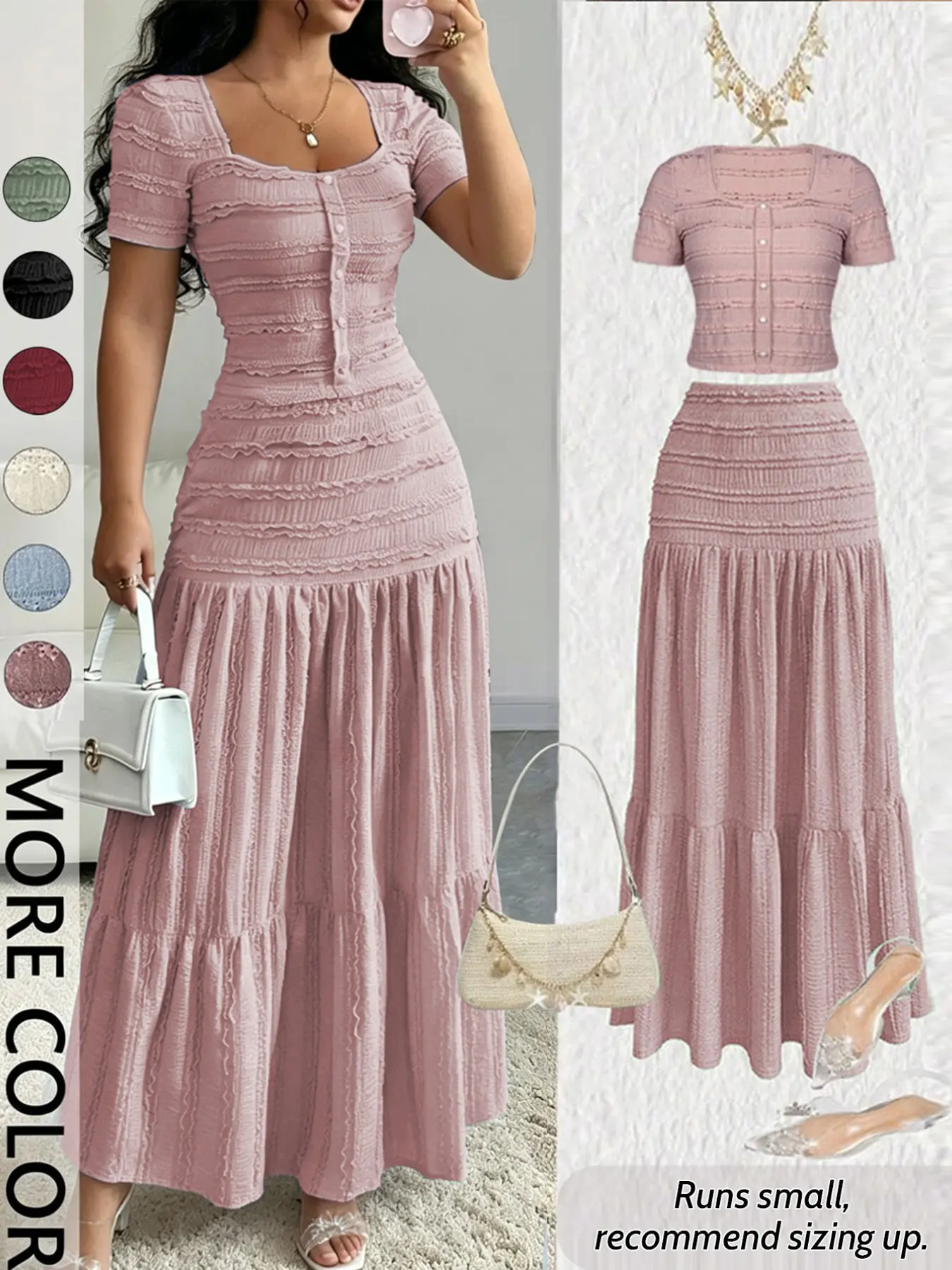 Women's Casual Elegant Short-Sleeve Square-Neck T-Shirt and Half Skirt Set, Cute Spring and Fall Outfit