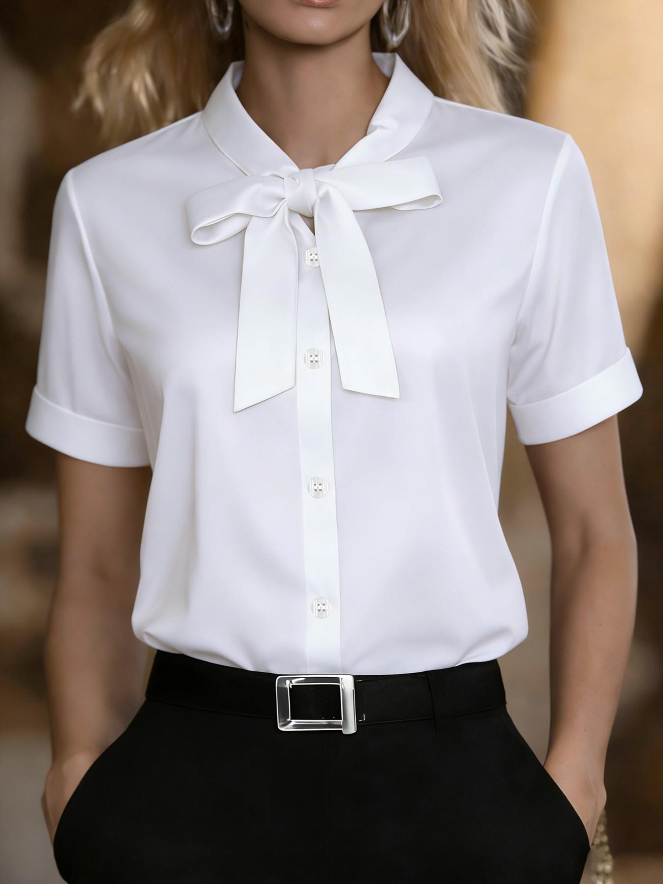 Classic short-sleeved satin shirt with a ribbon detail at the neckline, Fitted Elegant solid color, perfect for spring and summer wear. A stylish women's Smooth Blouse