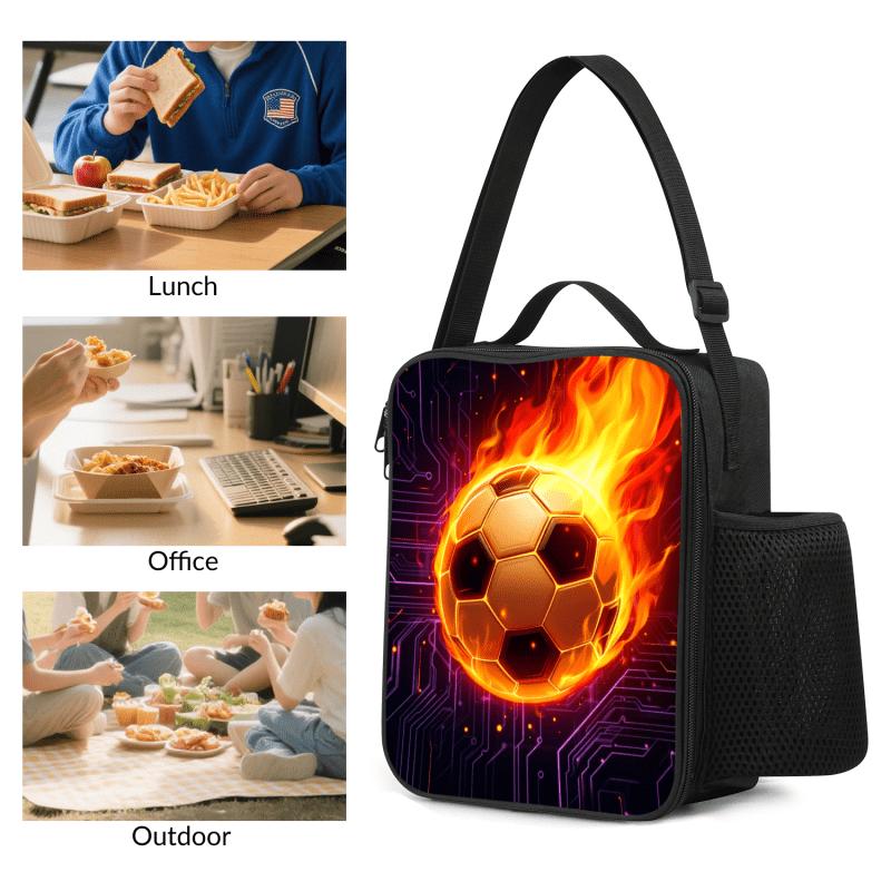 "Flaming Soccer" Insulated Lunch Bag — Features Adjustable Shoulder Strap, Top Handle, and Mesh Side Pocket — Leak-Proof Lunch Tote for Work, Commuting, Picnics, and Travel