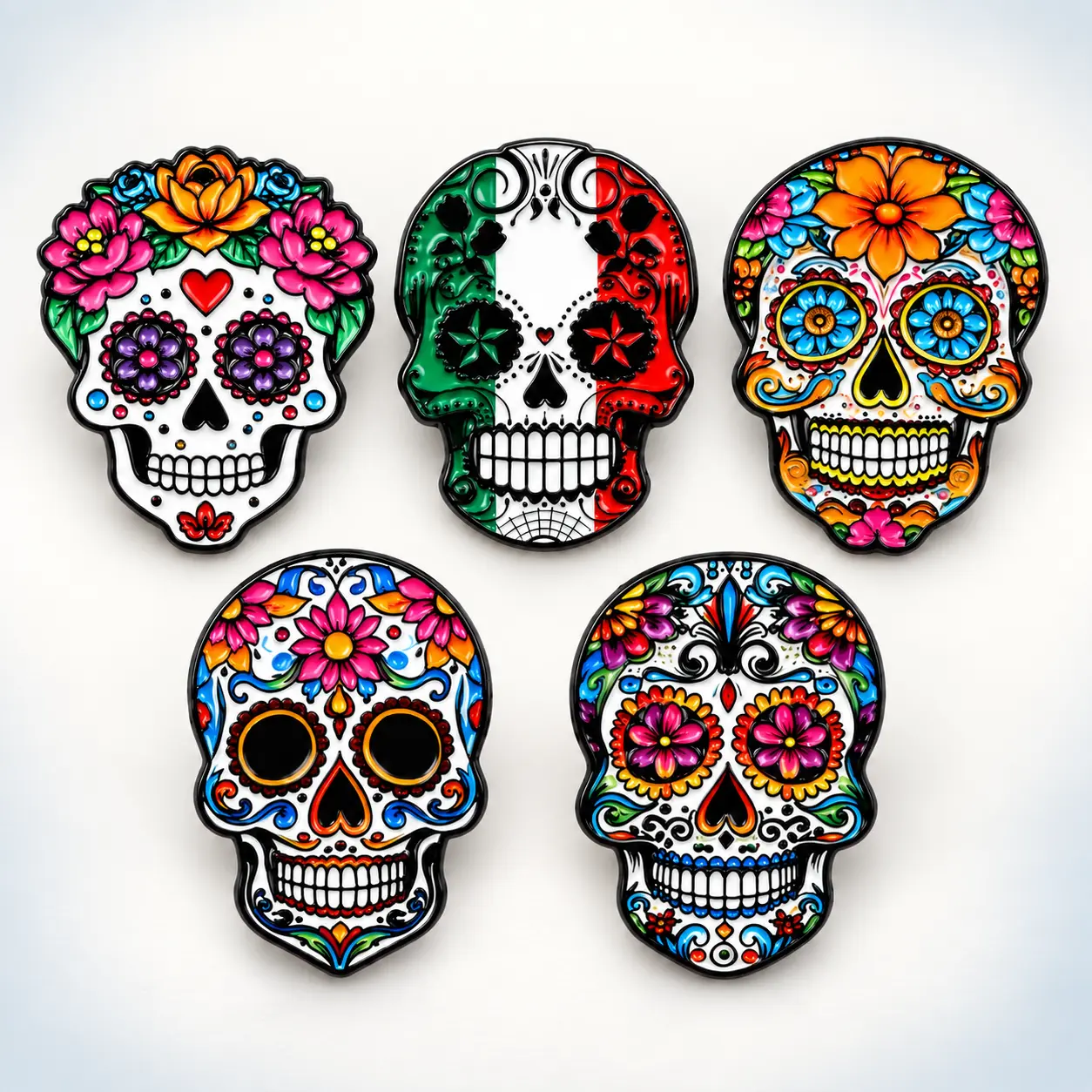 5-Piece Colorful Sugar Skull Brooch Pin Set, Day of the Dead Inspired Decorative Lapel Pins for Women and Men, Skull Pins for Jackets, Backpacks, Hats, Costumes and Gifts