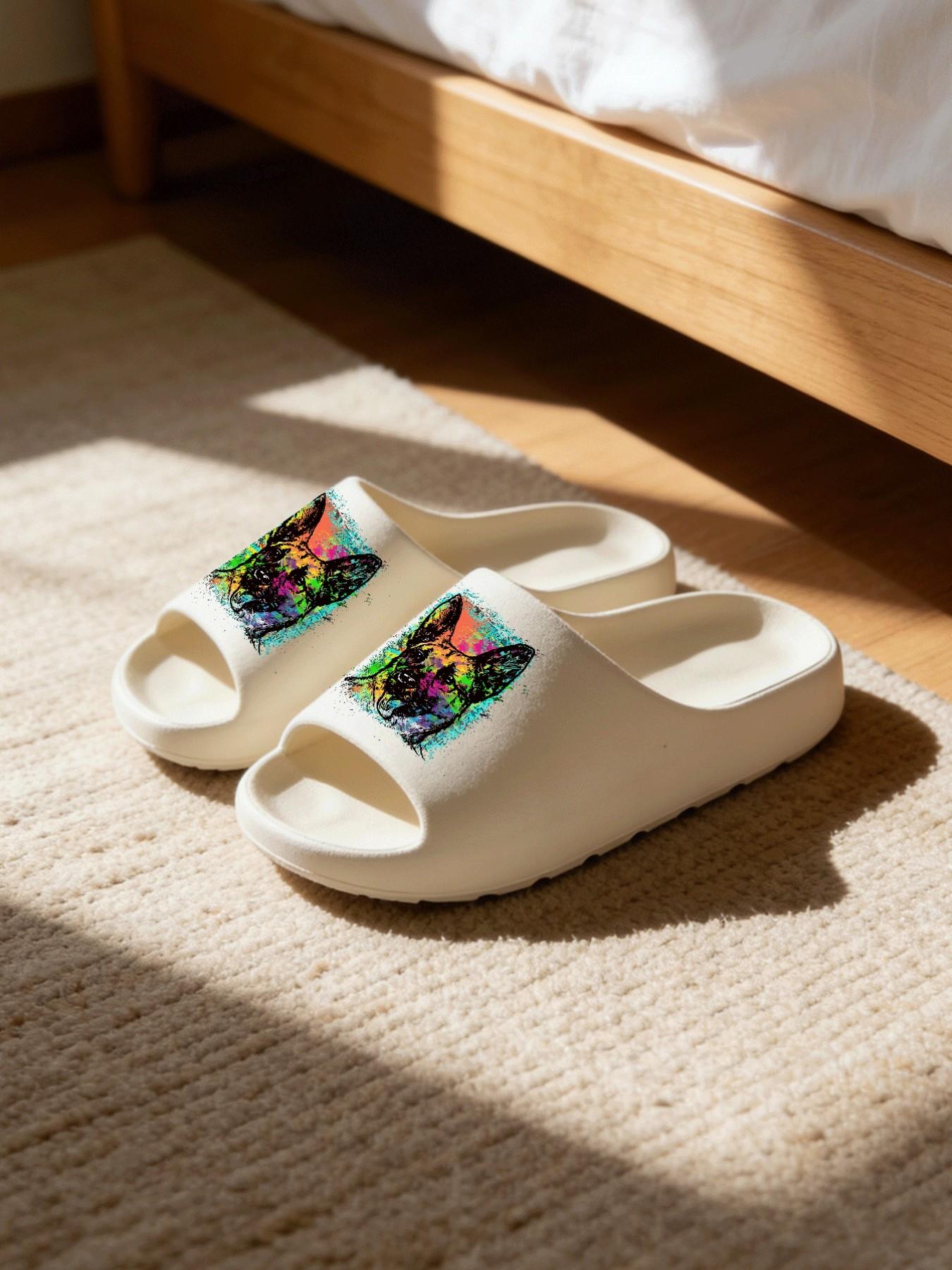 Colorful Graffiti German Shepherd Thick-Soled Slippers, Trendy Art Style Cloud Cushion Non-Slip Slides, Casual Indoor & Outdoor Couple Sandals