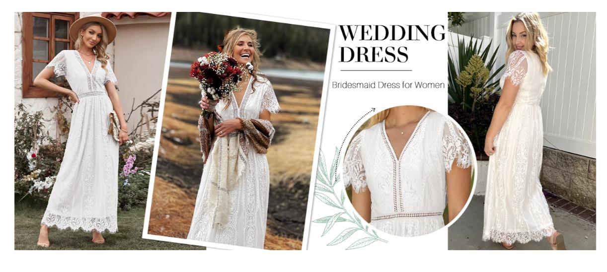 MEROKEETY Women's V Neck Short Sleeve Floral Lace Wedding Dress Bridesmaid Cocktail Party Maxi Dress