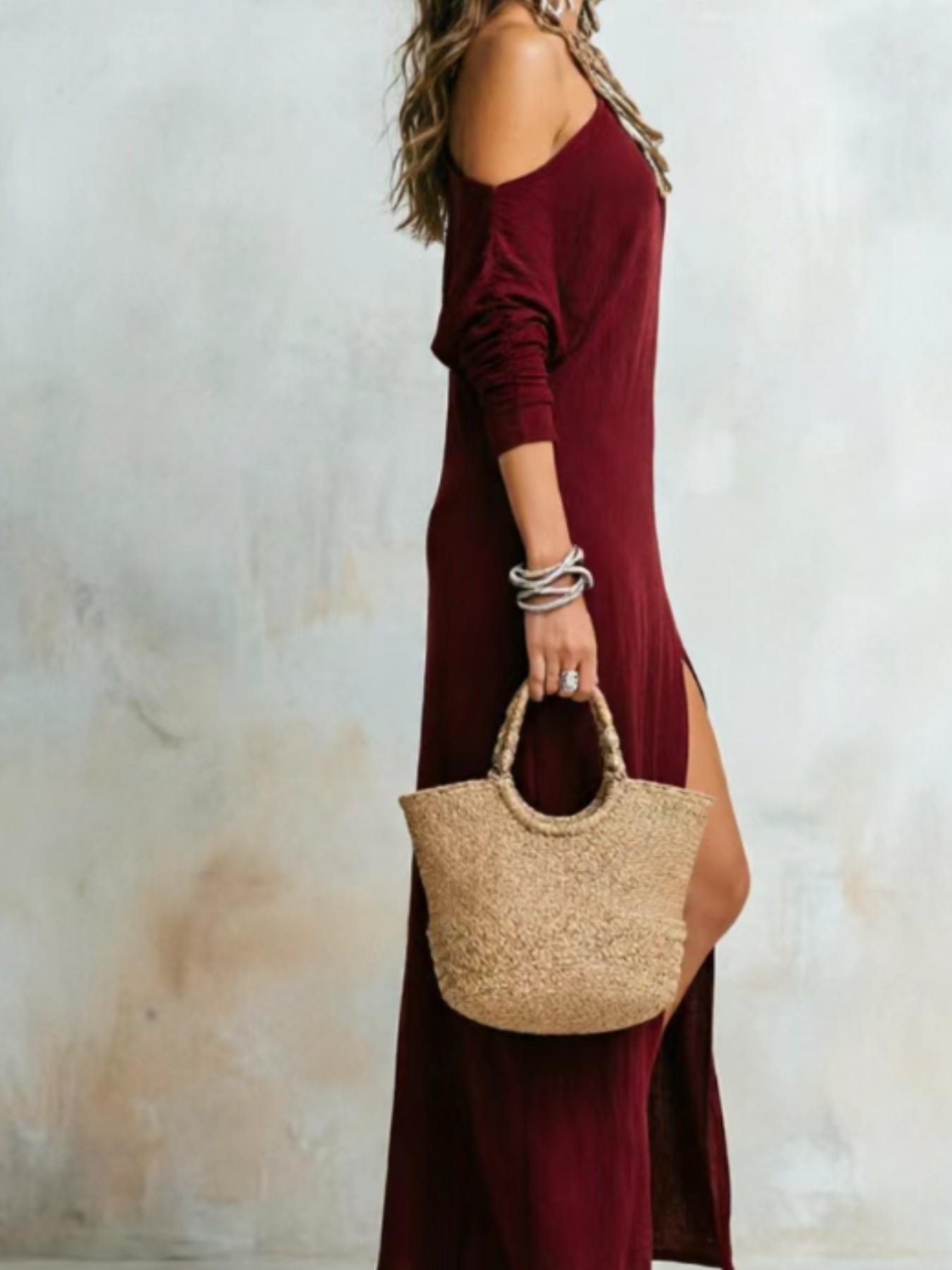 Elegant Chic Asymmetrical One-Shoulder Long Dress for Women, Summer Beach Vacation Style, Split Design, European and American Fashion, Elegance