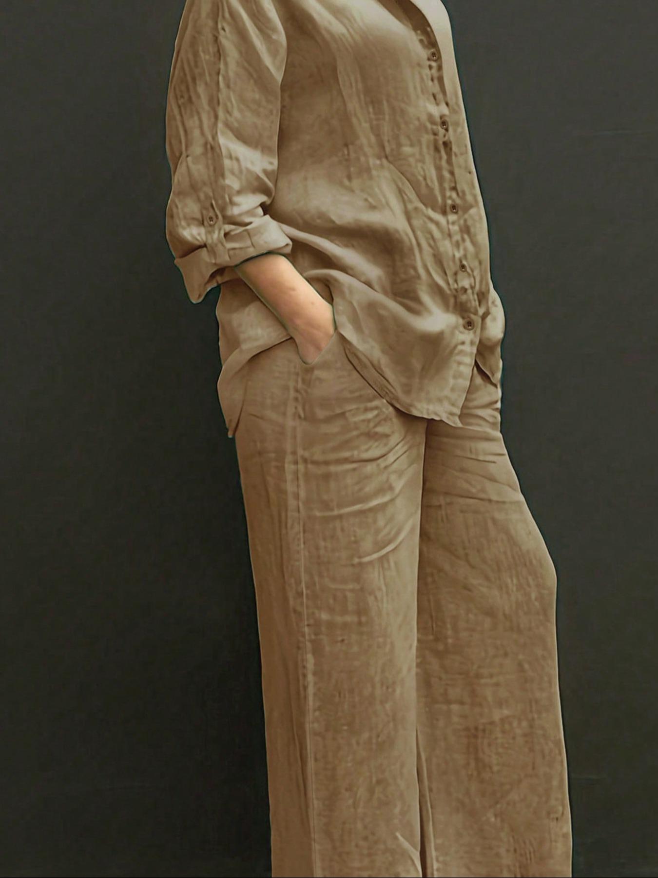 Spring Summer Fall Polo Neck Casual Cardigan Set, Slimming Pure Color Elegant Shirt Top, Vacation Commute Comfort Soft Fabric Pants Two-Piece Suit