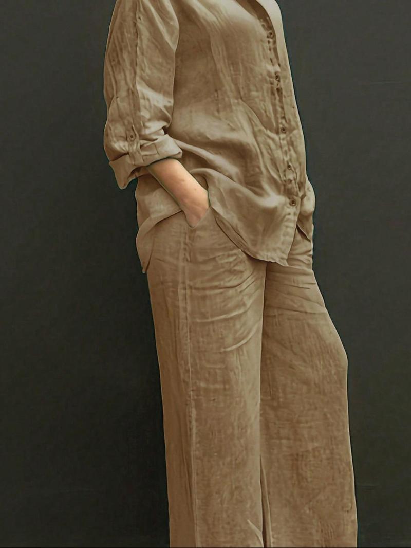 Spring Summer Fall Polo Neck Casual Cardigan Set, Slimming Pure Color Elegant Shirt Top, Vacation Commute Comfort Soft Fabric Pants Two-Piece Suit