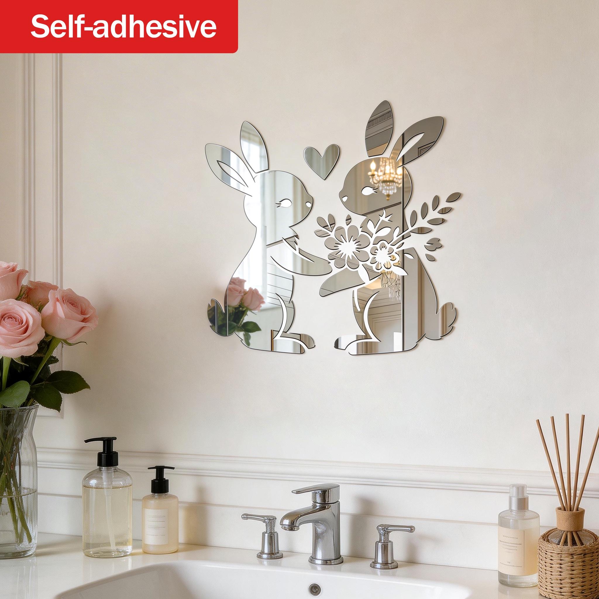 Floral Rabbit Heart Mirror Wall Hanging Makeup Mirror, Decorative Wall Mirror for Living Room Bedroom, Creative Gift Idea