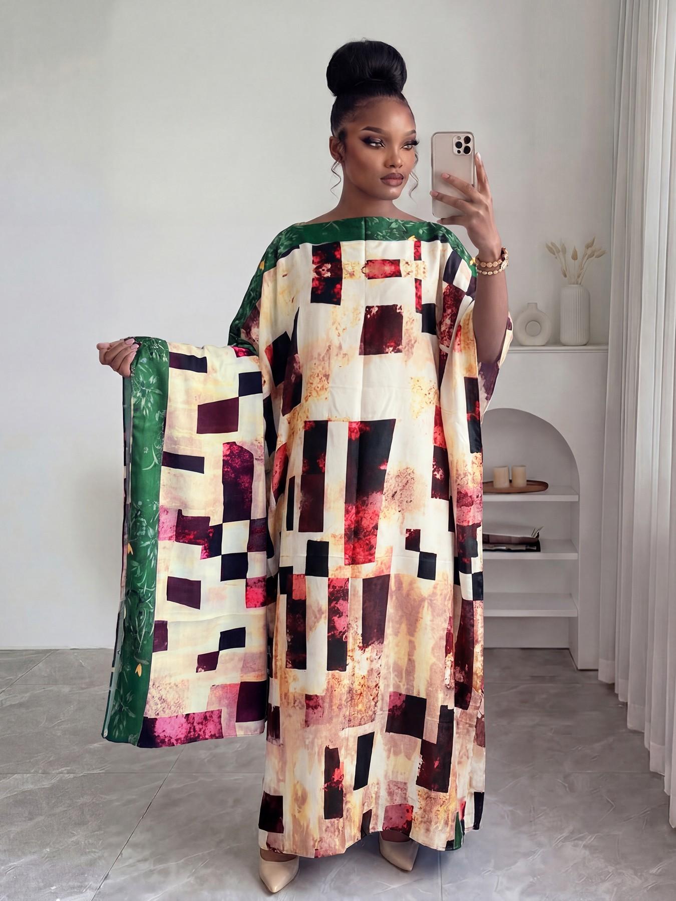 Elegant Fashion Full-Print Robe Set, Moo Moo Printed Loose Long Dress with Scarf, Shawl, Women's Beach Sun Protection Casual Outfit