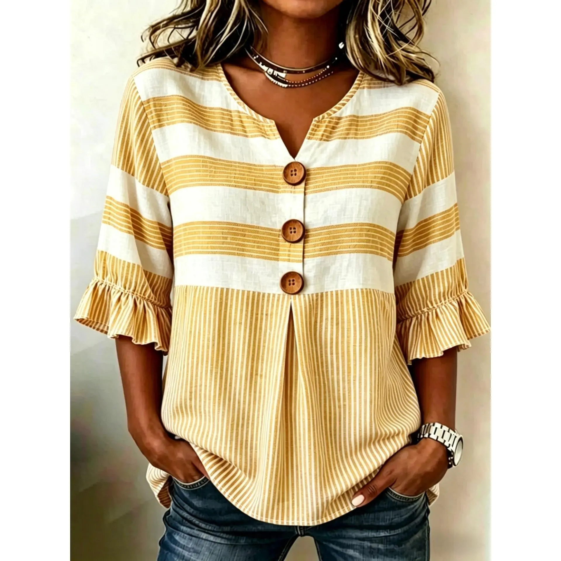 2026 Summer New Trendy Fashion Plaid Striped Print Short Sleeve Button Top
