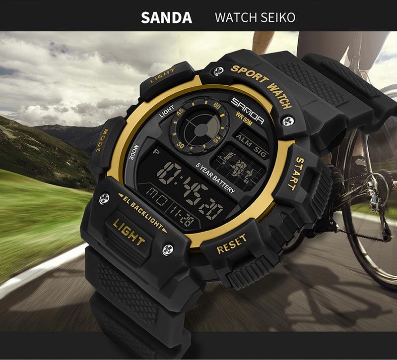 Sanda Fashion Waterproof Digital Watch for Youth, Dual Time, Stopwatch, Alarm, Luminous, Week Date, 12/24h, Casual Style, All Seasons