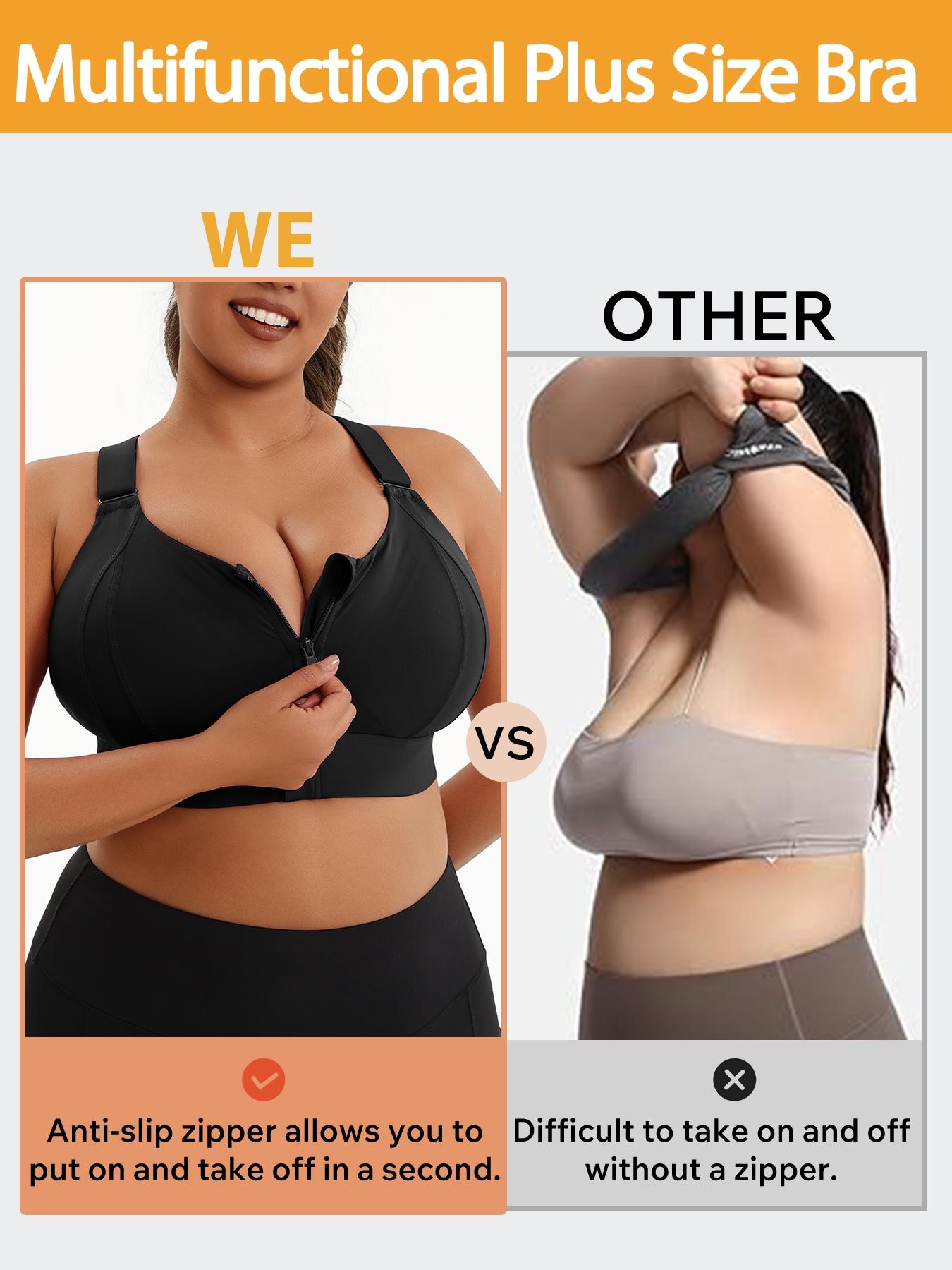 【Plus Size】 Criss Cross Zipper Front Wireless Sports Bra, Solid Adjustable Strap High Stretch Yoga Bra, Women's Sport Clothing for Indoor Outdoor Wear