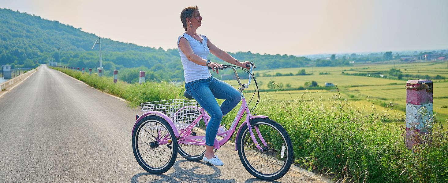 MOONCOOL Adult Tricycles 7 Speed 20/24/26 inch Three Wheel Bike Cruiser Trike with Low-Step Through Frame/Large Basket for Men, Women, Seniors