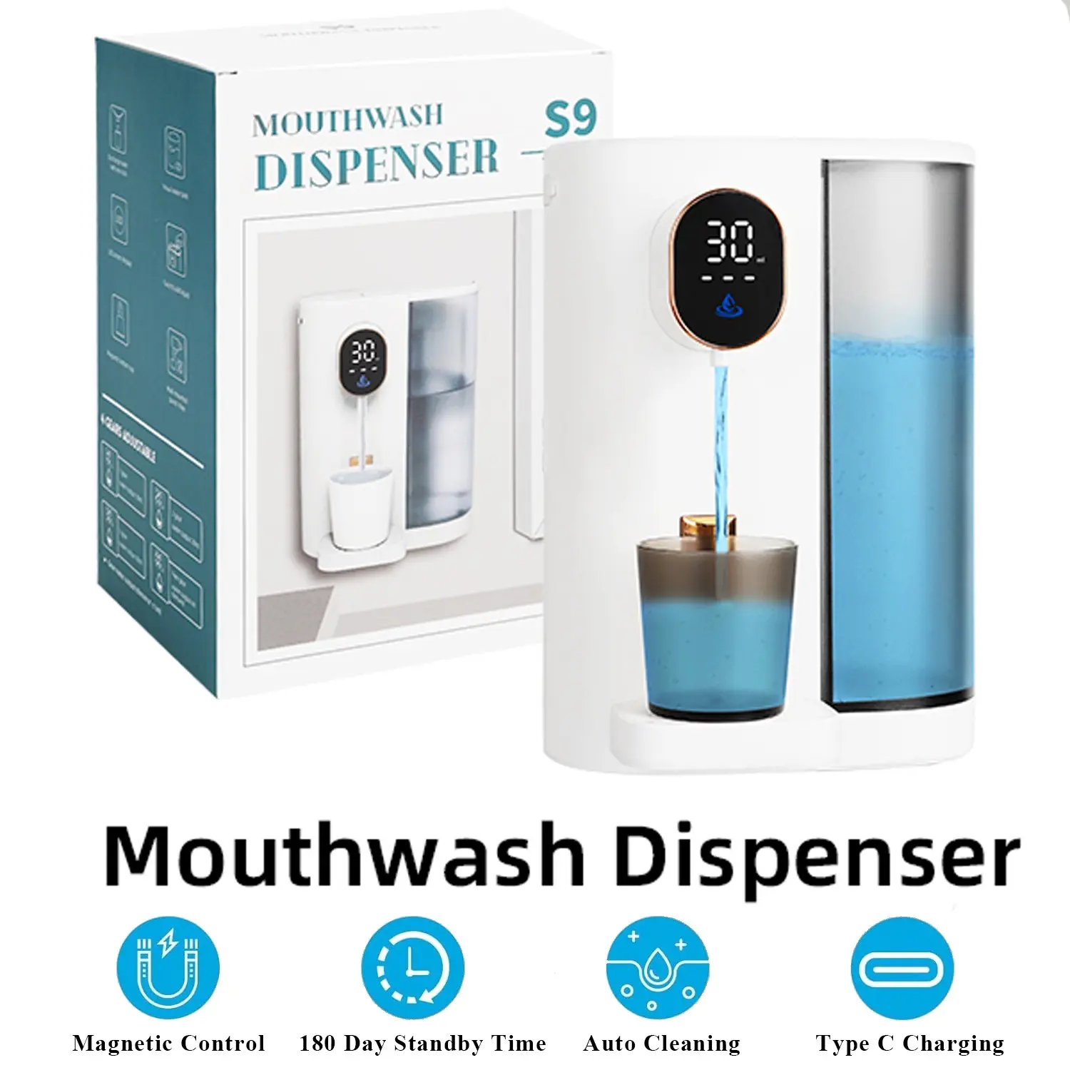 Electric Mouthwash Dispenser 600ML, Desktop/wall-Mounted, LED Display, Magnetic Cups, Touch Control, Bathroom Installation