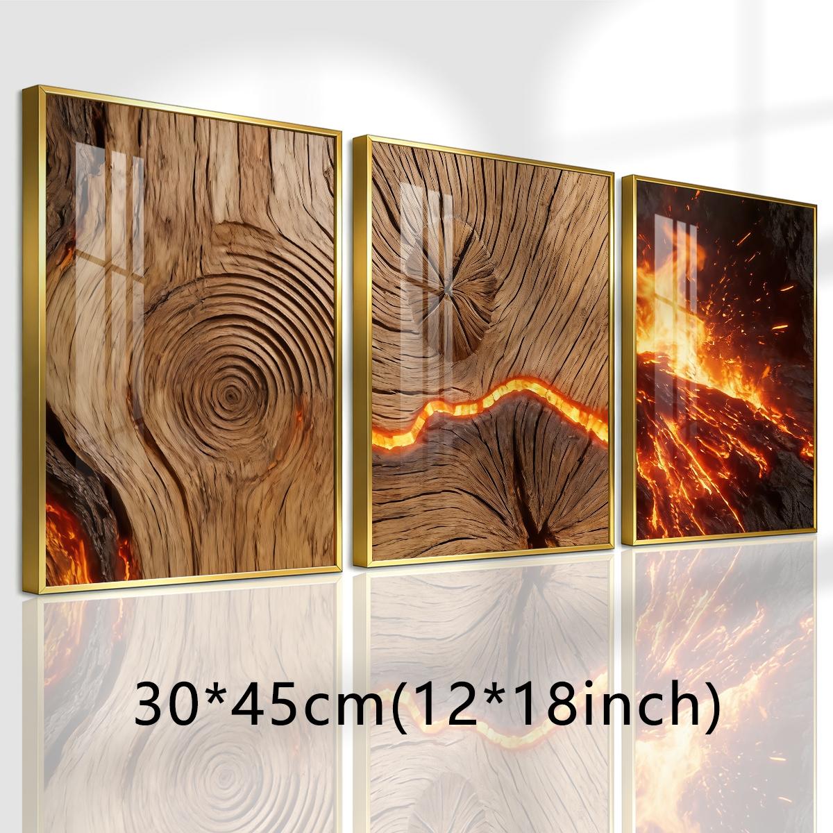 3 Counts Aluminum Alloy Framed Painting, Burning Wood Texture And Flowing Lava Art Pictures, Home Decoration For Living Room, Bedroom, Office, Restaurant, Hallway Wall Decor, Odorless Print Artwork, Luxury Perfect Gift For Friends And Family