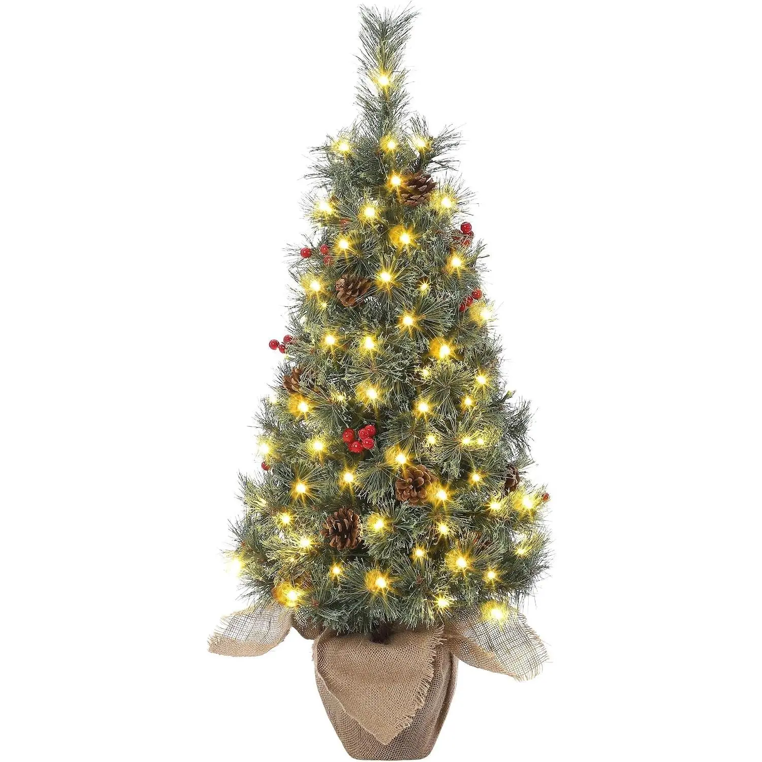 3 FT Pre-Lit Artificial Christmas Tree, Mini Nordic Spruce Tabletop Xmas Tree with 78 Warm White LED Lights, Timer Function & Rustic Burlap Bag Base, Compact Festive Holiday Decor for Home Office Desk Small Spaces