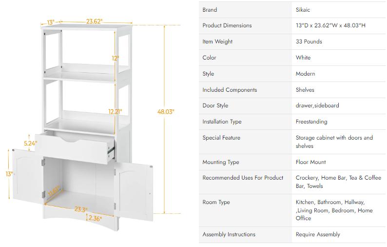 Sikaic Multifunctional Storage Cabinet with Microwave Space Drawer White Furniture Organization Kitchen Organizer Freestanding Wood Cupboard