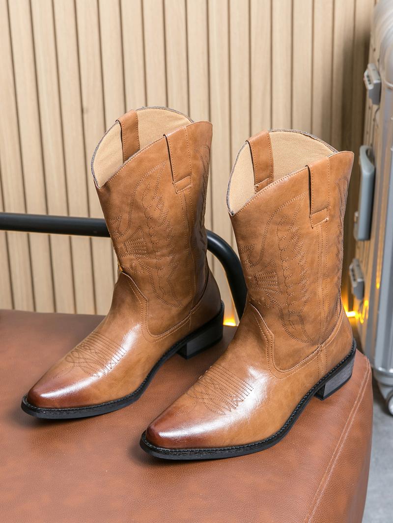 2025 Fall & Winter Mens High-top Vintage Pointed-toe Cowboy Boots - Anti-skid Slip On Shoes with PU Upper and Rubber Sole for Outdoor Horse Riding and Country Style - Comfortable PU Insole and Solid Color Design Footwear Closed