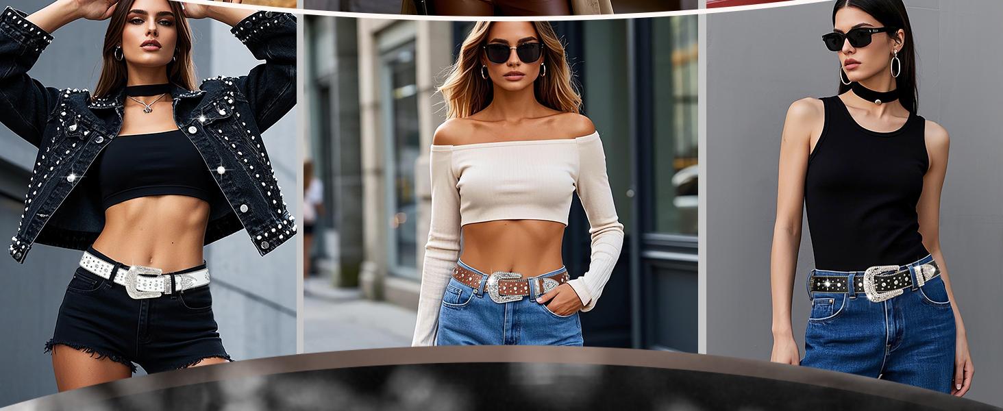 JASGOOD Rhinestone Studded Belt for Men Women, Western Leather Belt for Cowgirl Cowboy Vintage Bling Belt for Pants Dress