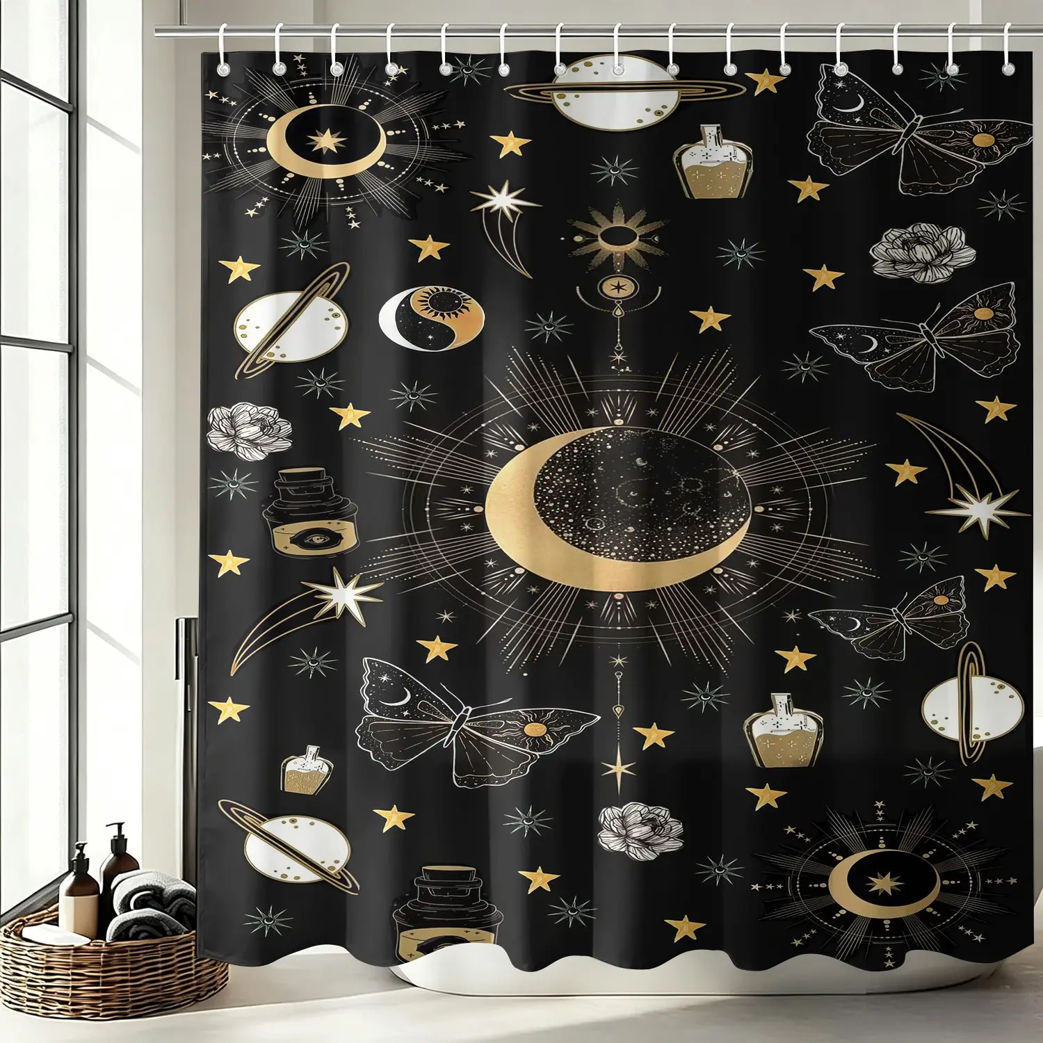 Celestial Moon Pattern Shower Curtain, Minimalist Line Art Shower Curtain, Waterproof, Complete with Quick Install Hanging Hooks, Dark Astrology Themed Decor Shower Curtain, for Calm Boho Occult Bathroom Vibe