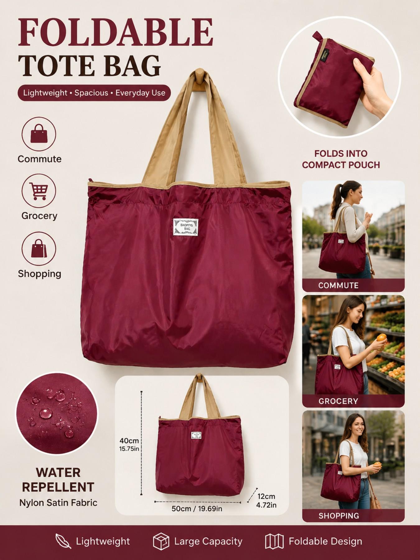 Foldable Drawstring Shopping Bag, Waterproof Nylon, Large Capacity, Casual Style, Reusable, Multi-Color, Ideal for Travel and Daily Use, Reusable Shopping Bags