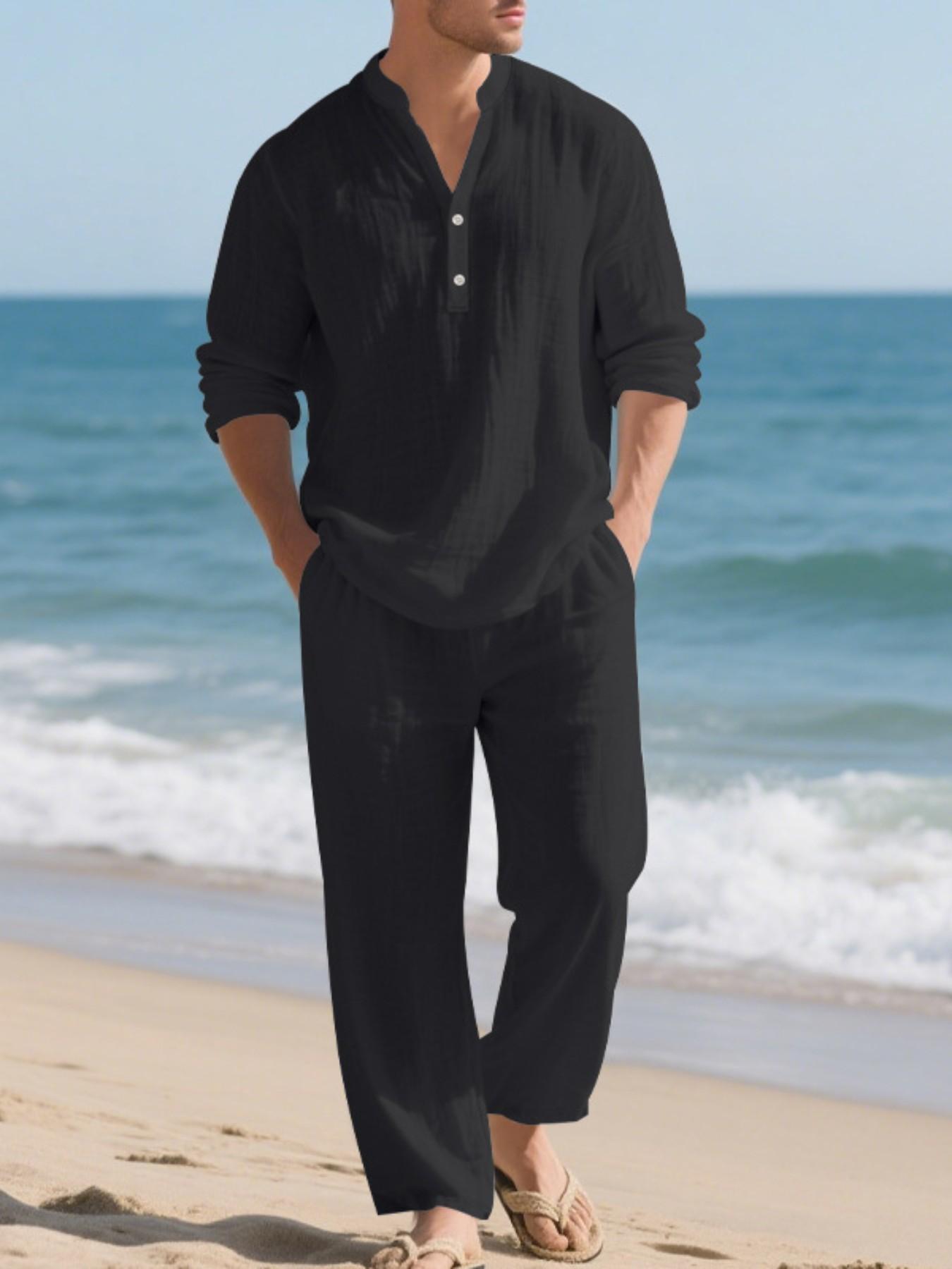 Men's Casual Linen Outfit, Loose-fit Henley Neck Long Sleeve Shirt and Pants, Comfortable and Fashionable Co-ord Set for Tropical Summer, Suitable for Beach, Vacations and Daily Wear Top