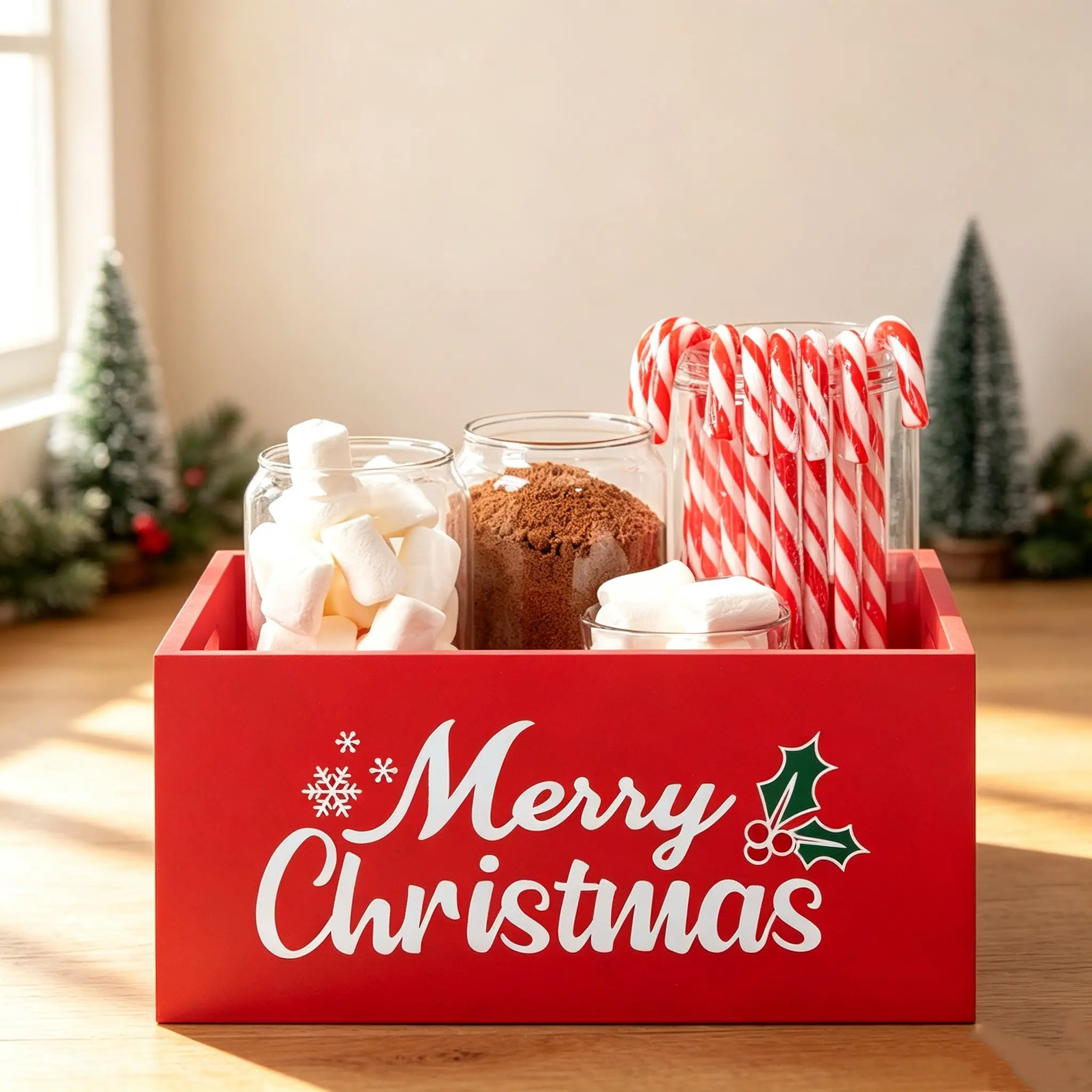 Wooden Storage Box with Handle, Christmas Candy Organizer, Rustic Farmhouse Basket, Holiday Decorative Container, Pinus L. Species