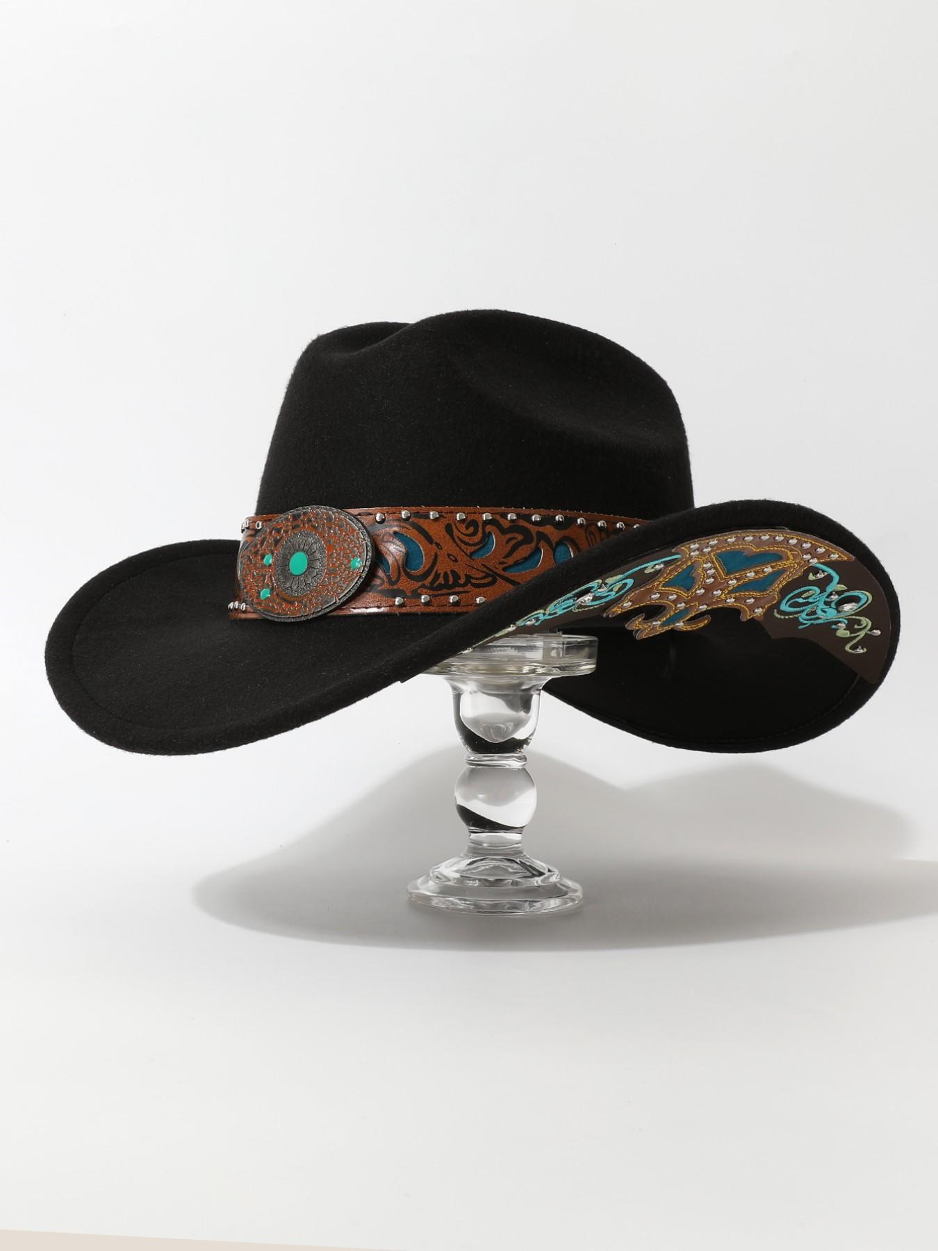 Women's Ethnic Style Cowboy Hat, Cowgirl Hats, Buckle Design Embroidery Brim Patch Decorative Dress Up Hat, Party Western Theme Event Accessory