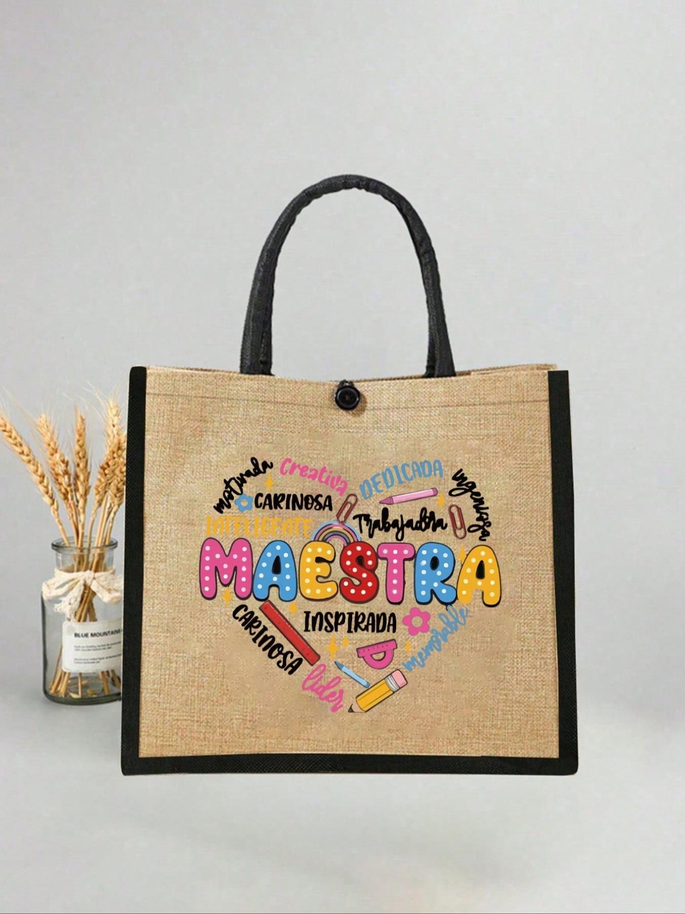 Maestra Theme Tote Bag and Makeup Pouch Set, Large Capacity Linen Shopping Bag, Heart Pattern, Cosmetic Organizer, Casual All-Season Style