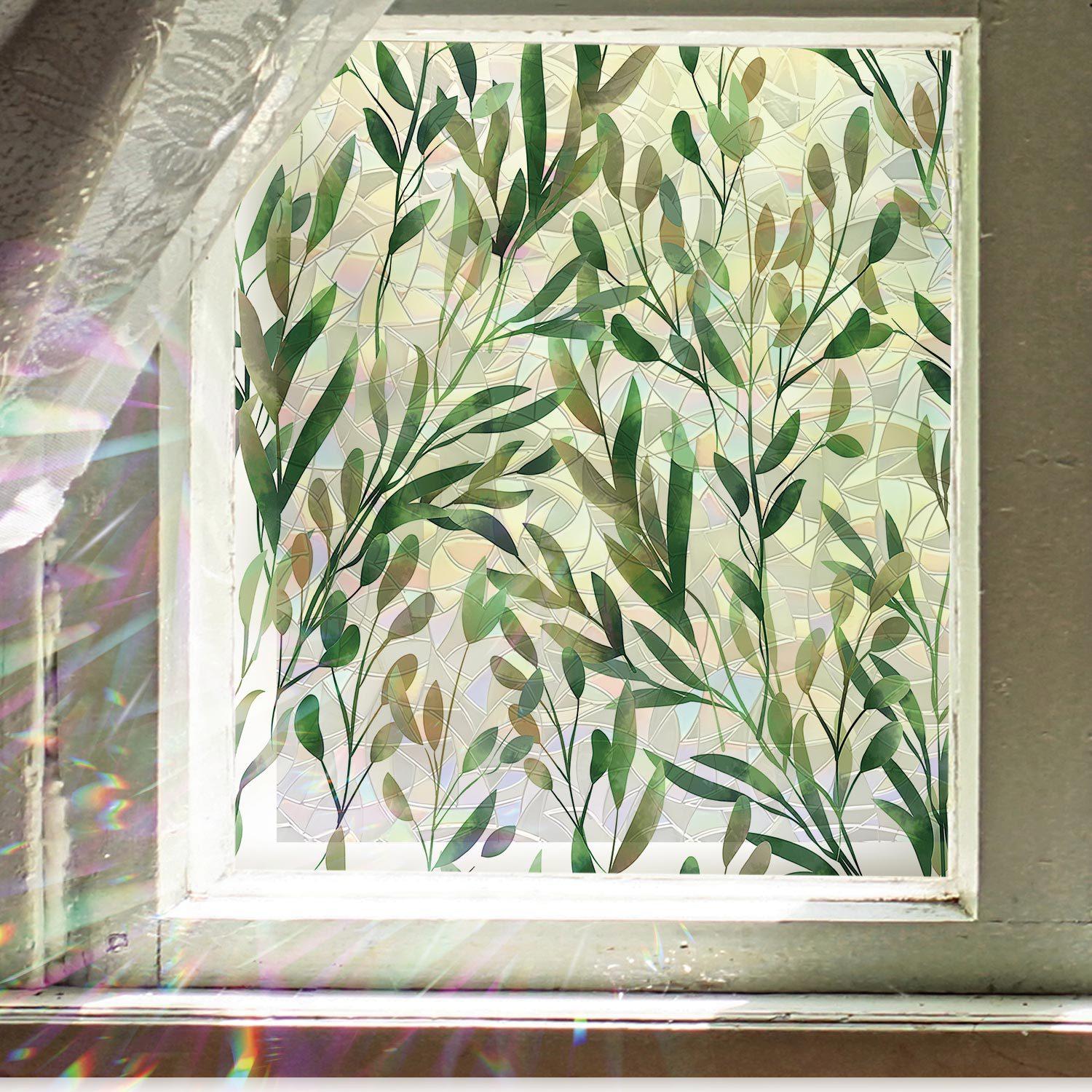 Leaf Laser Window Sticker, Spring Summer Fresh Style Decorative Static Window Sticker, Glue-Free Electrostatic Glass Decoration Film