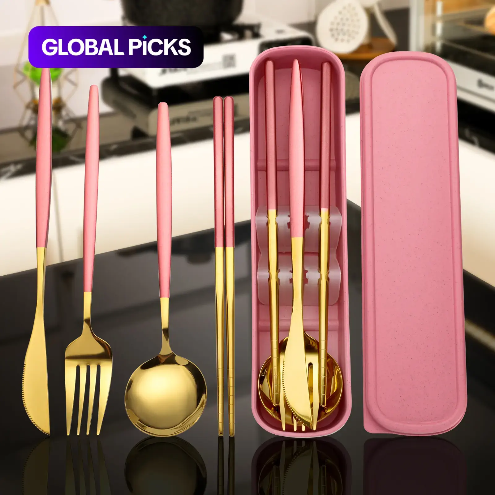 4-Piece Gold PVD Titanium 410 Stainless Steel Home Cutlery Set with Storage Box, Tableware Sets, Durable Tableware, Portable Reusable BPA-Free Utensils for Office, School, Camping and Travel, Unbreakable Household Kitchen Tableware for Daily Use