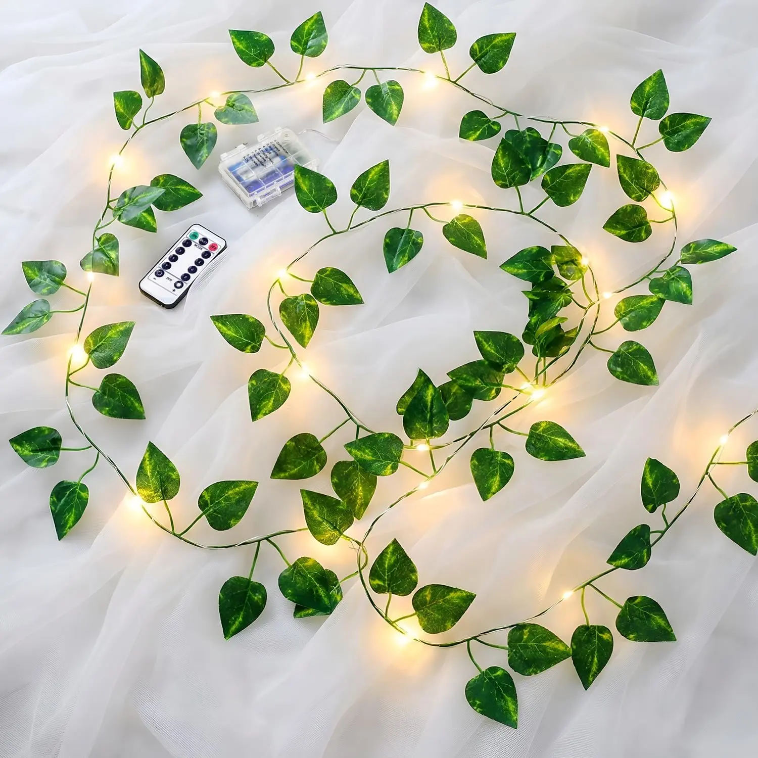 33FT 100 LED Vine with Fairy Light, Battery String Light Warm White| Pothos Leaf Lights with Remote for Bedroom, Room, Wall, Wedding, Garden, PartyDecor