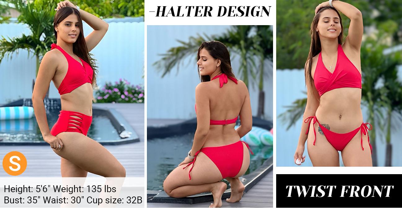 Holipick Women Halter Bikini Top Push Up Bathing Suit Top V Neck Full Coverage Swimsuit Top Only