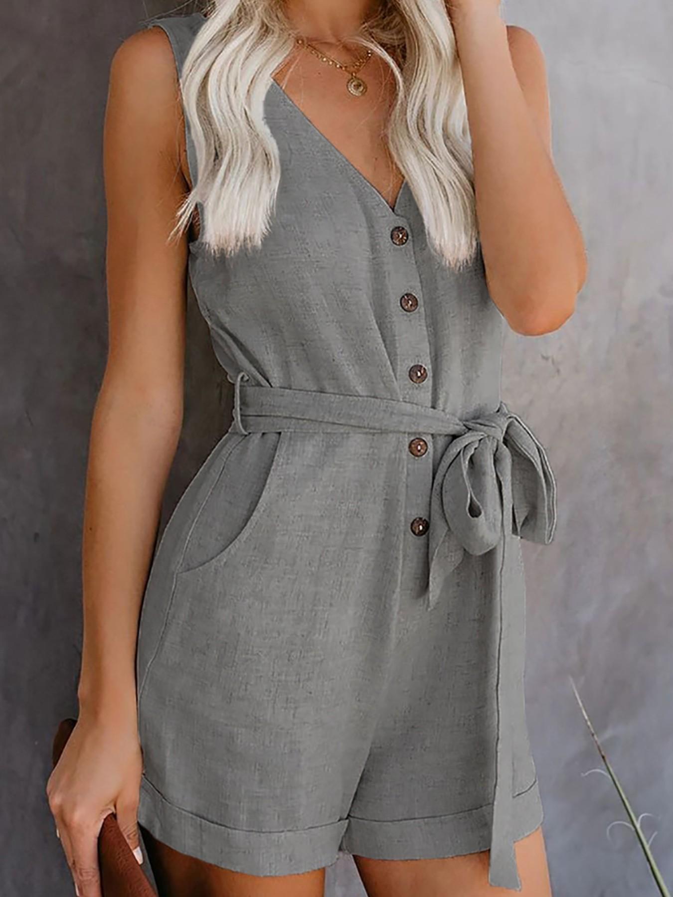 Summer Solid Color Casual V-Neck Bow Five-Finger Shorts Overall Pants, Comfortable and Stylish Summer, Perfect for Daily Wear