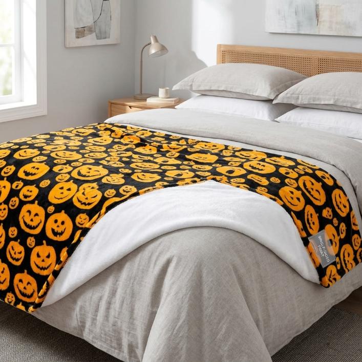 Halloween Fleece Couch Throw Blanket, 60x80 in Soft Plush Warm Black Fall Cabin Blanket with Orange Pumpkin Design for Home Room Decor, Modern Throw