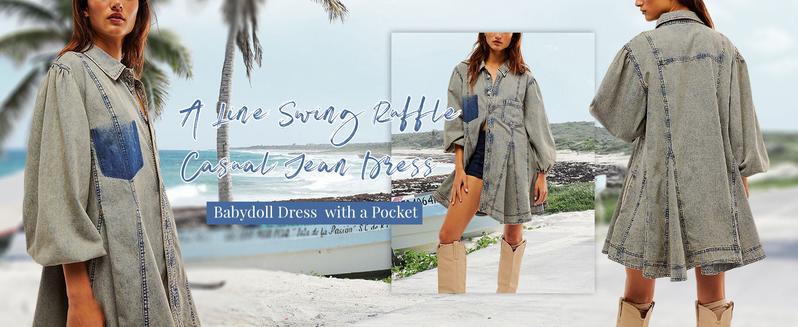 Naeduo Women's Denim Dress Long Balloon Sleeves Buckle A-line Ruffled Jeans Mini Doll Dress With Breast Pocket Summer Womenswear