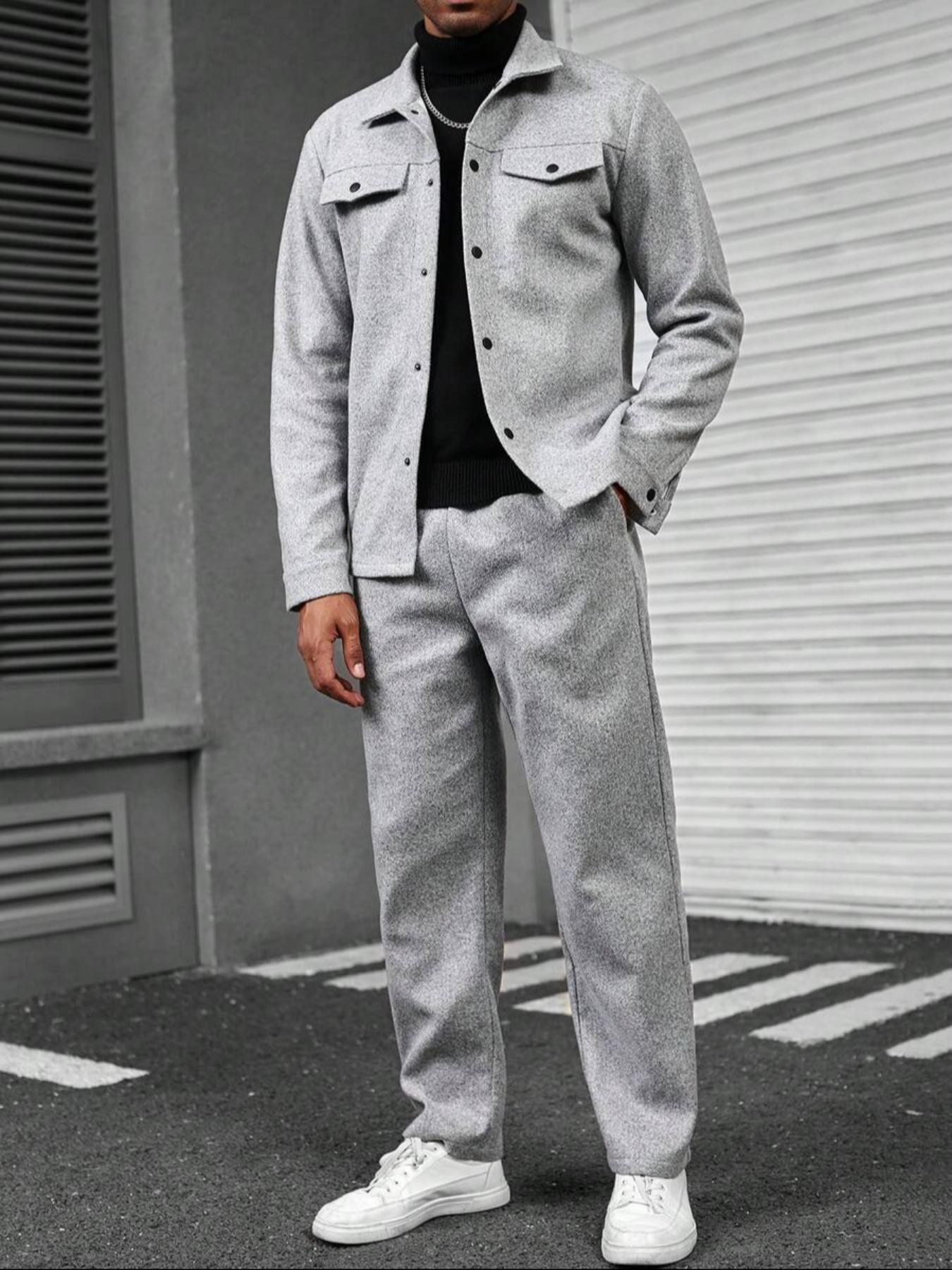 Men's Solid Color Pocket Jacket and Belt Waist Pants Sport Suit Regular Version Mature Business Style, Long Sleeve Jacket Collar Coat and Pocket Long Pants, Men's and Winter Sportswear, Sport Leisure Suit Casual Sportswear, Casual Suit Set