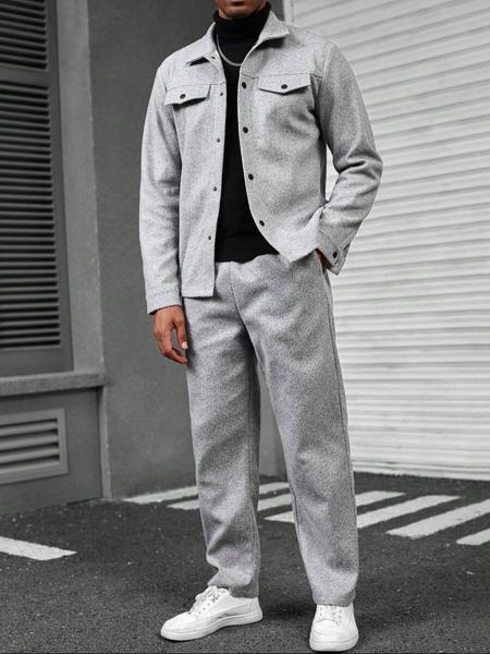 Men's Solid Color Pocket Jacket and Belt Waist Pants Sport Suit Regular Version Mature Business Style, Long Sleeve Jacket Collar Coat and Pocket Long Pants, Men's and Winter Sportswear, Sport Leisure Suit Casual Sportswear, Casual Outfit Set, Menswear