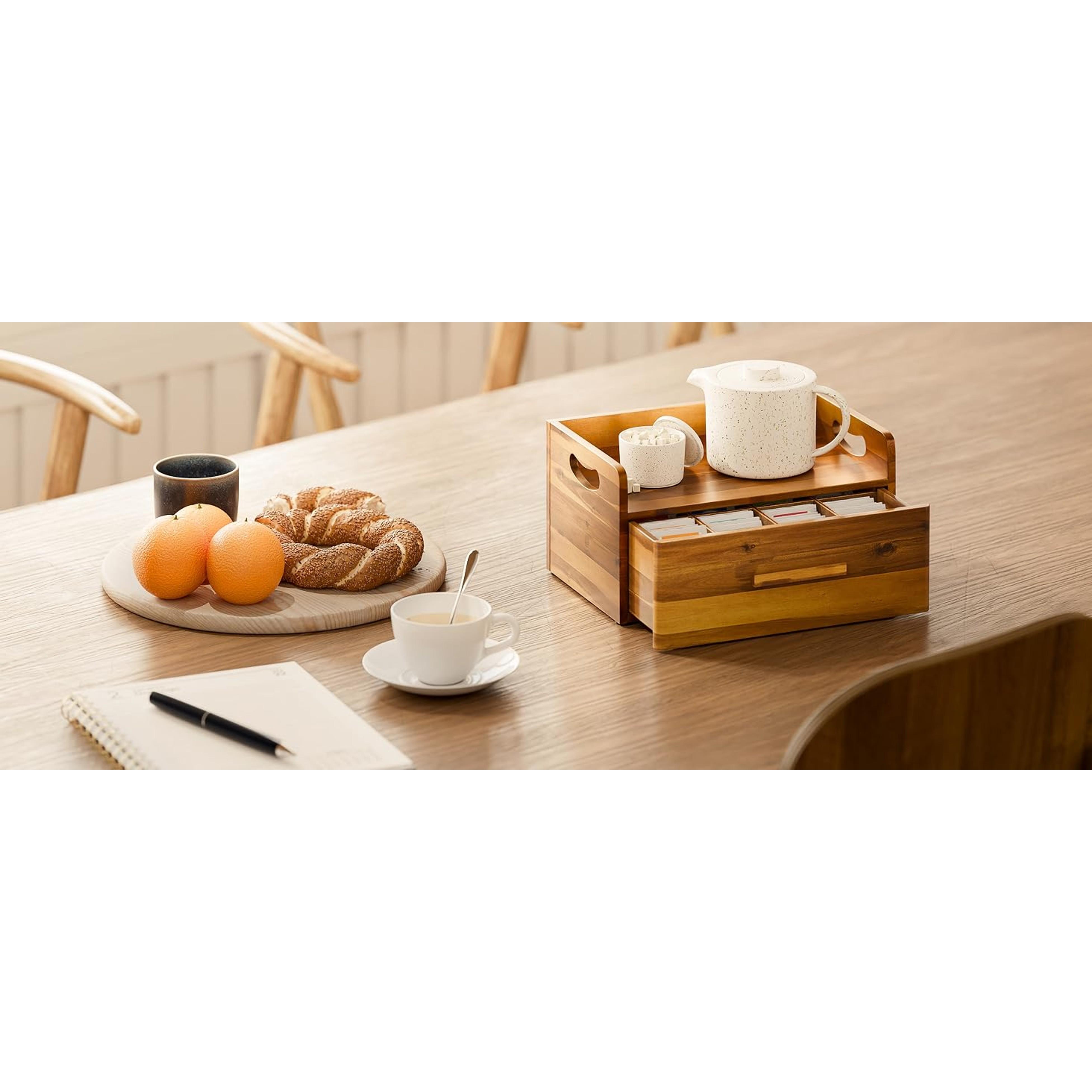 Acacia Wooden Tea Box Organizer with Drawer – Tea Chest for Tea Bags Storage – Tea and Coffee Organizer - Wooden Tea Tray and Containers for Countertop Display (Acacia)