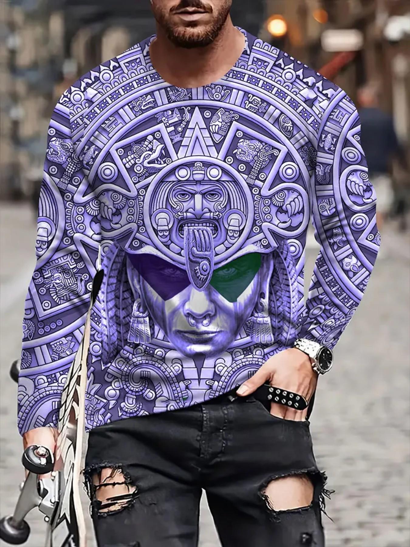 Men's Fashion 3D Maya Culture Print Long Sleeve T-Shirt, Casual Streetwear Top, Comfortable Polyester Blend Fabric, Round Neck Design, Casual Fall & Winter Wear