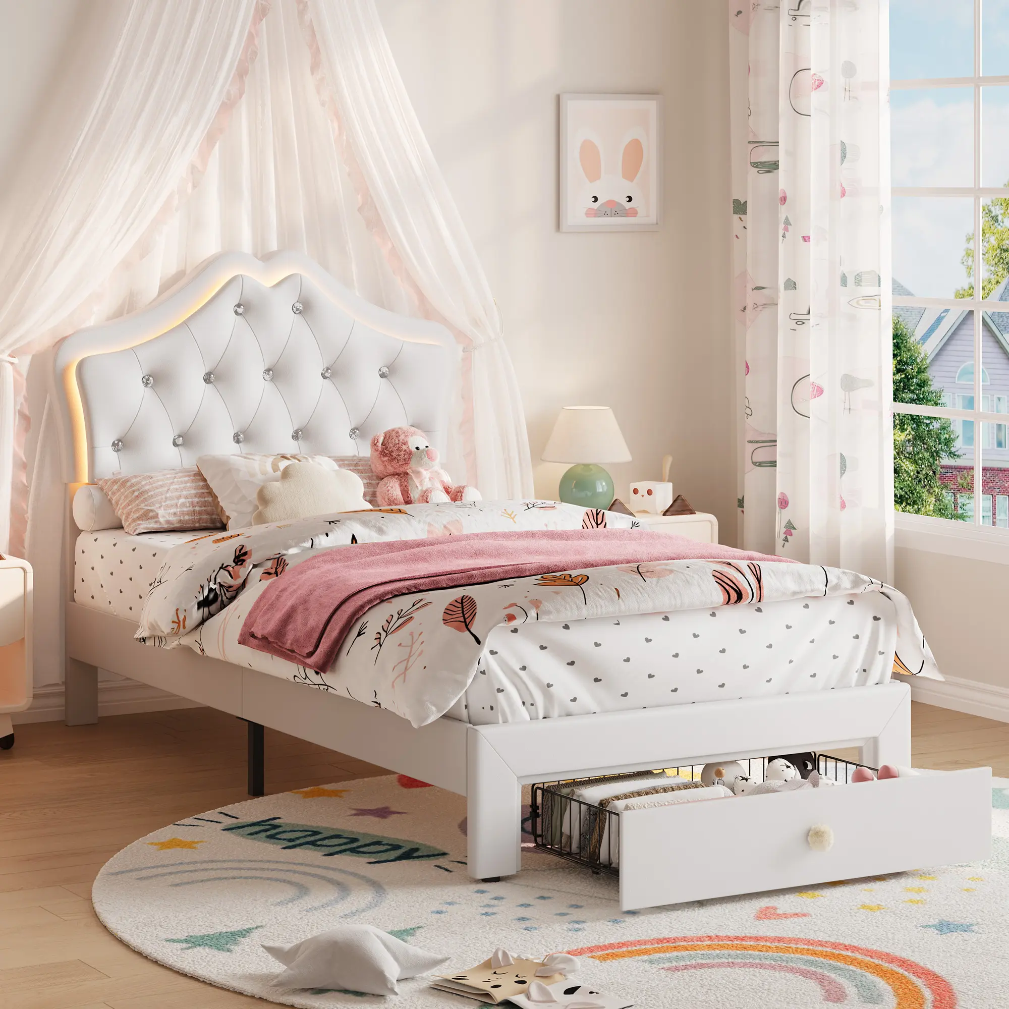 LED Headboard Bed Frame - Upholstered Velvet with Crystal Button Accent - Large Storage Drawer - Noise-Free Platform, No Box Spring Needed, Ideal for Kids & Teens,Twin XL Size