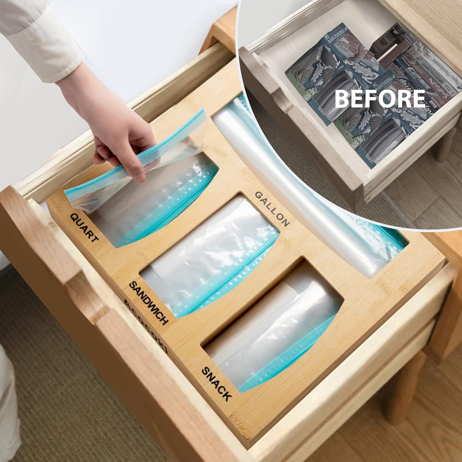 Bag Storage Organizer for Kitchen Drawer, Bamboo Organizer, Compatible with Gallon, Quart, Sandwich and Snack Variety Size Bag (1 Box 4 Slots), Eco-Friendly Kitchen Cabinet Organizer